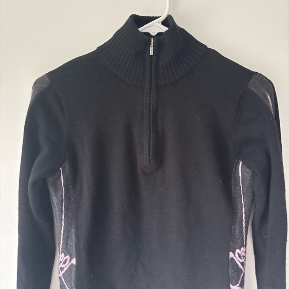 SmartWool 1/4 Zip Pullover Black with Pink Swirls 100% Merino Wool Outdoor - Picture 2 of 9